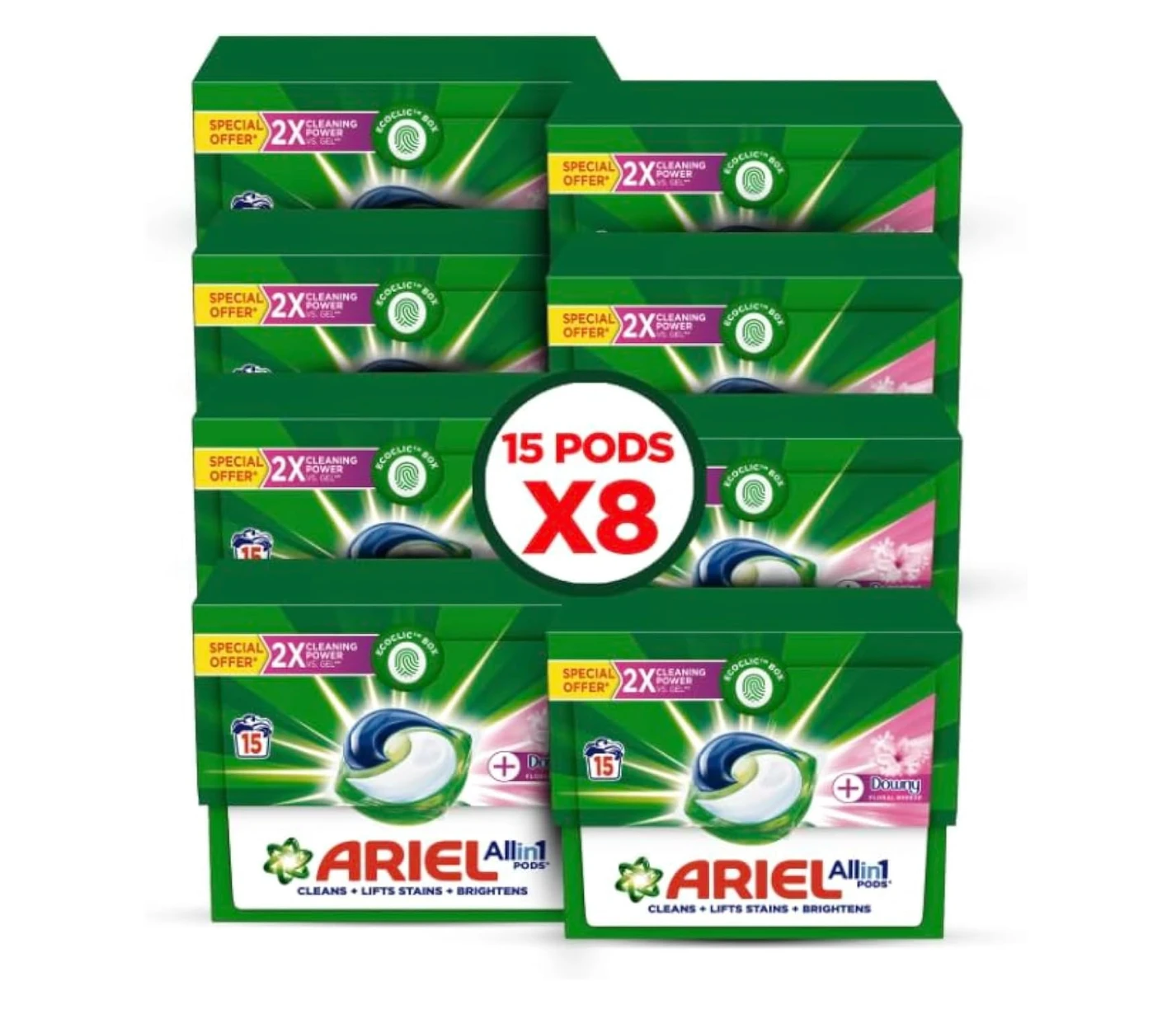 Ariel Pods Capsules with touch of Downy 15 Count Mega Box (Pack of 8)