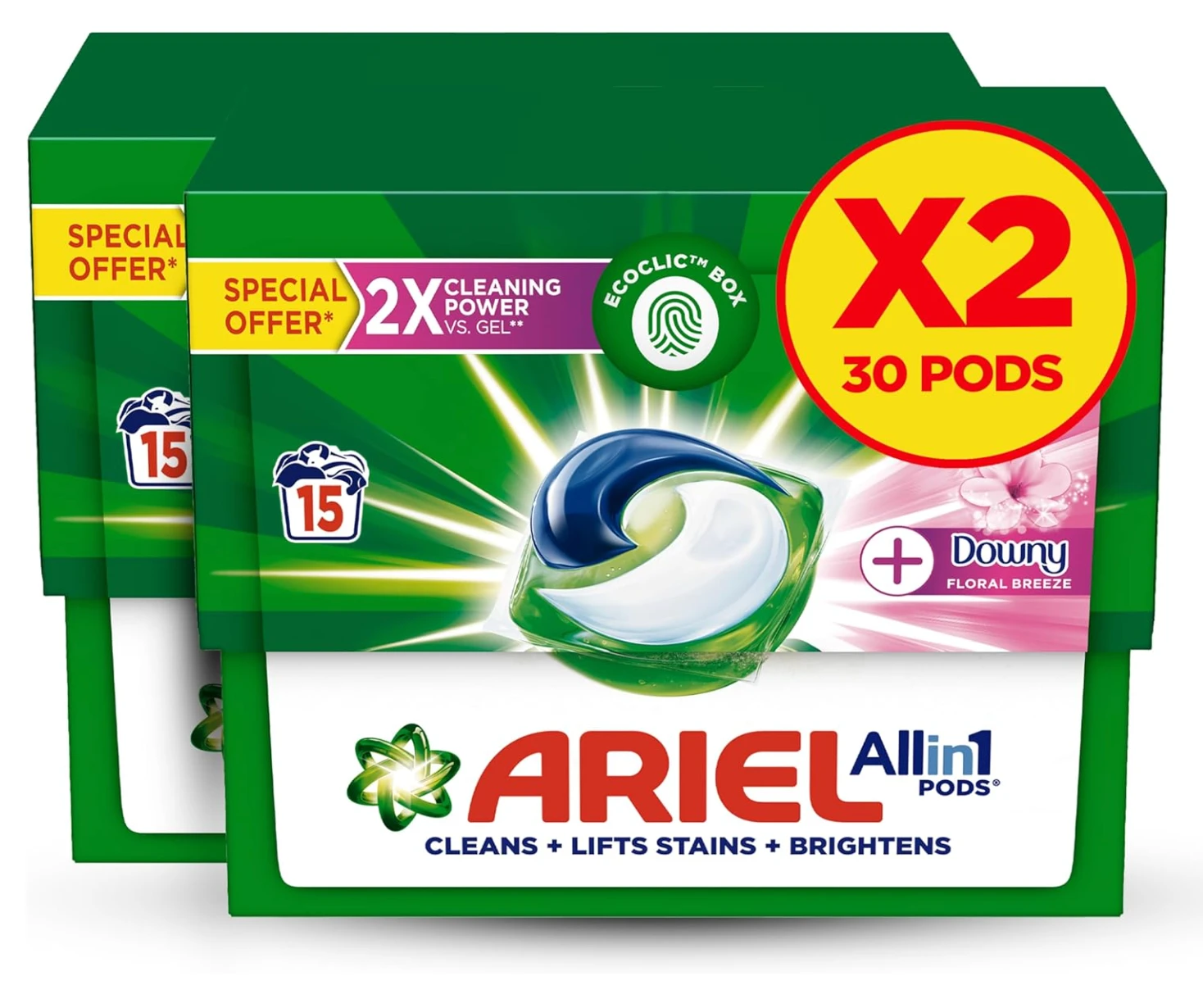 Ariel Floral Breeze All-in-1 Pods, 15 count, Laundry Detergent Pods Cleans, Lifts Stains and Brightens (Pack of 2)