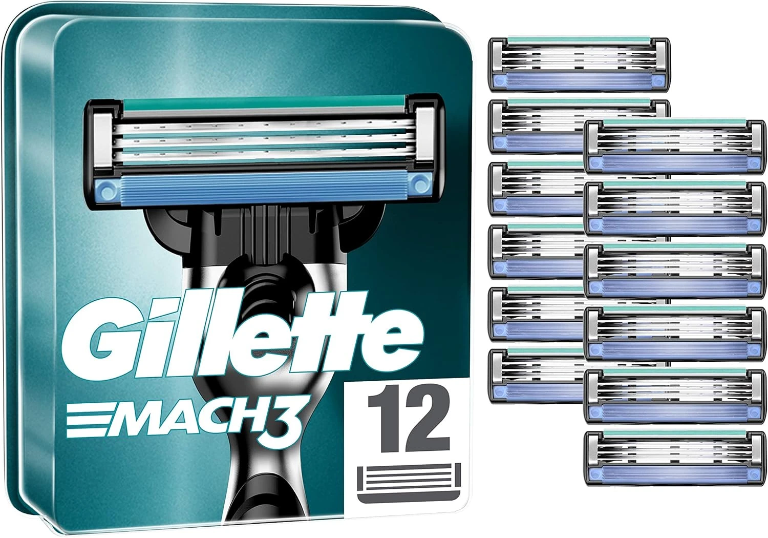 Gillette Mach3 Razor Blades Men, Pack of 12 Razor Blade Refills, Stronger Than Steel Blades, Enhanced Lubrastrip