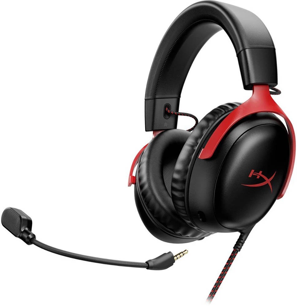 HyperX Cloud III Wired Gaming Headset, For PC / PS5 / PS4 / Xbox Series, Angled 53mm Drivers, Noise Cancelling, With LED Mic Mute Indicator, 10Hz-21kHz Frequency Response, Black/Red
