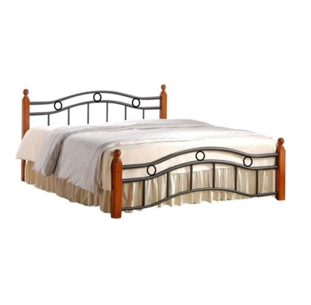 AWF AL WADI FURNITURE® Wooden Steel Double Bed Oak Brown with Wooden Posts, Metal Slat Base and Multiple Center Supports - 129 x 199cm