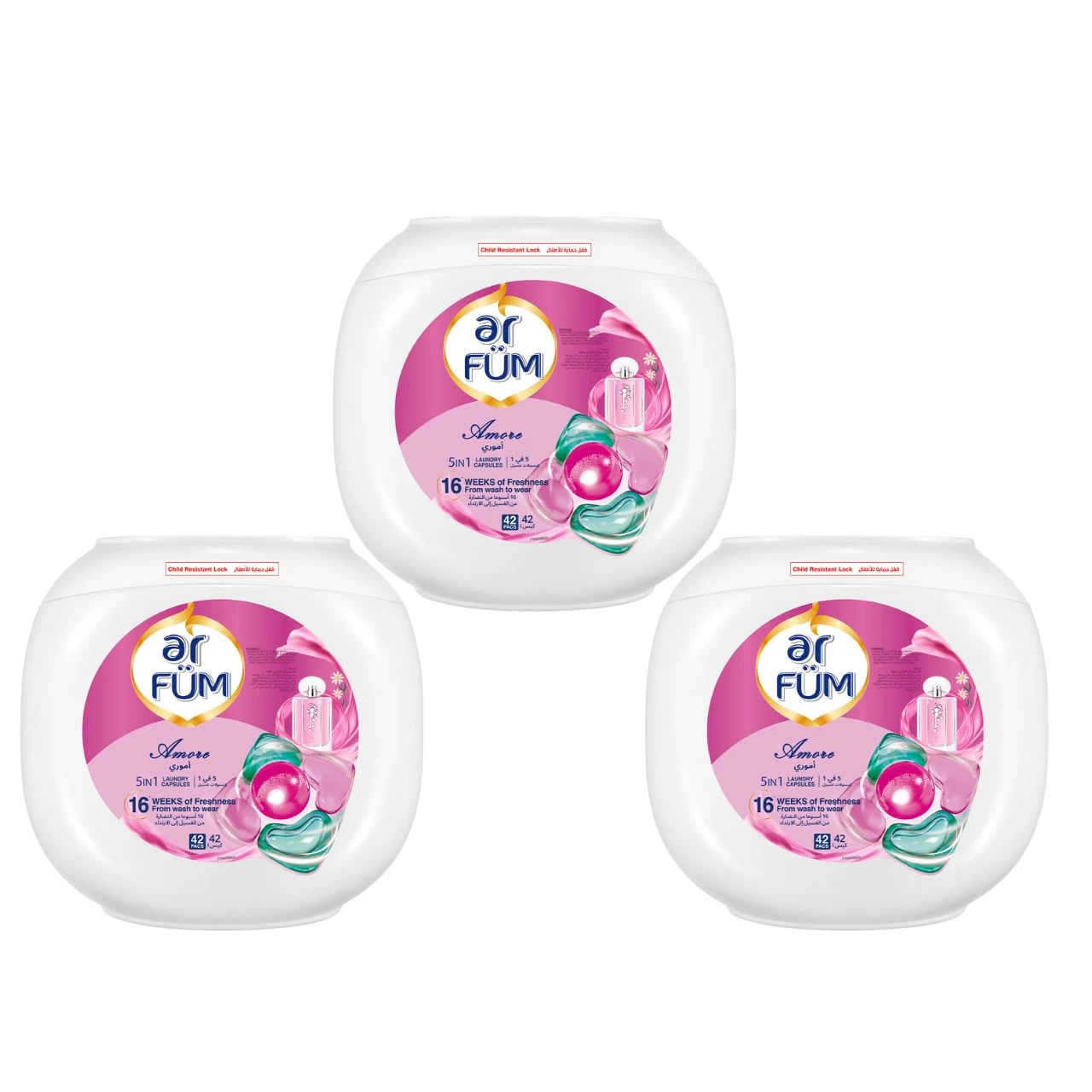 ArFum PODS, 5-in-1 Laundry Detergent Capsules with Scent Booster, Detergent Concentrate, Softener, Color Protect, Stain Remover, 16 Weeks Fragrance, 42 Pods, Amore,Pack of 3 X 42 Pods (126 Capsules)