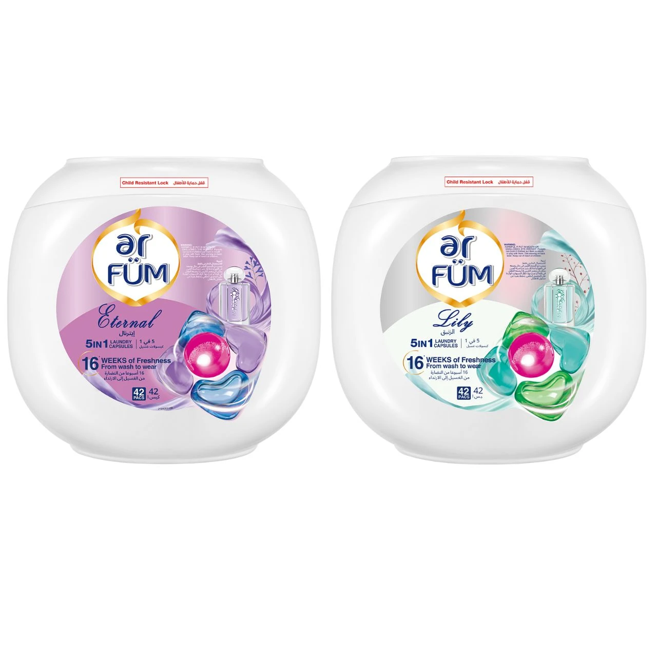 ArFum PODS, 5-in-1 Laundry Detergent Capsules with German Formulated Laundry Pods and 16 Weeks of Long-Lasting Fragrance Capsules (Lily, Eternal), 2 X 42 Pods (84 Capsules)