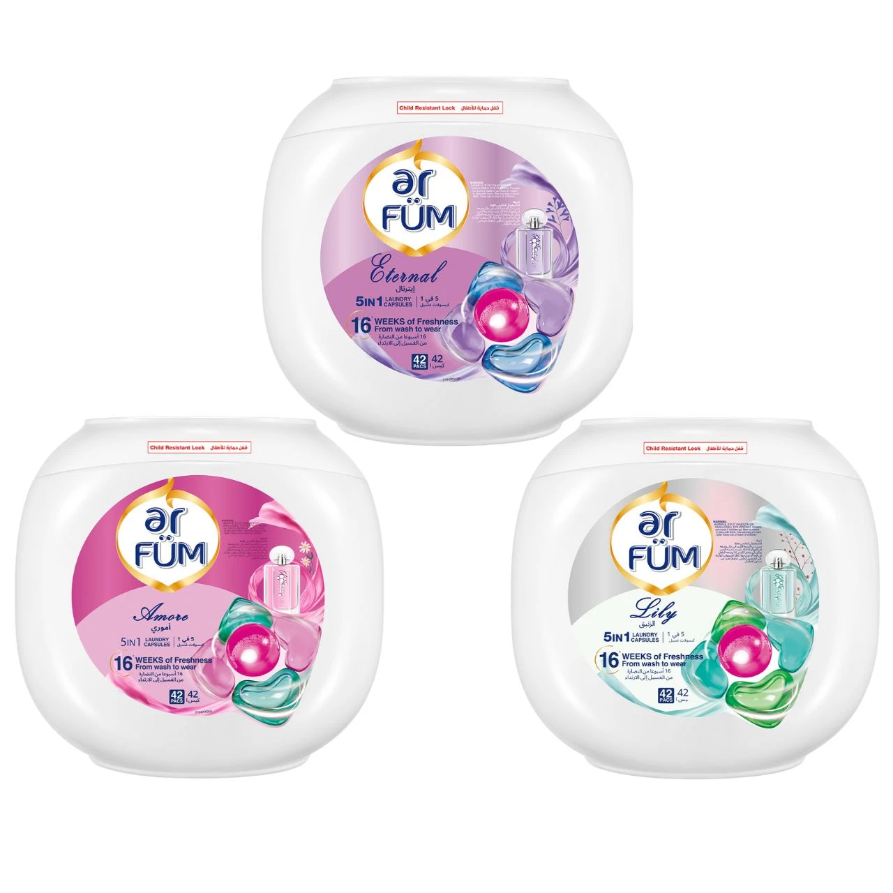 ArFum PODS, 5-in-1 Laundry Detergent Capsules with German Formulated Laundry Pods and 16 Weeks of Long-Lasting Fragrance Capsules (Eternal, Amore, Lily), 3 X 42 Pods (126 Capsules)