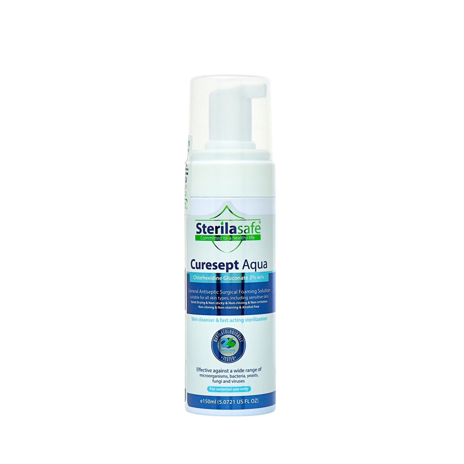 Sterilasafe Curesept Aqua General Antiseptic, Antimicrobial Skin Cleanser, Surgical Foam Pump Solution, Chlorhexidine Gluconate 2%, 150 ml