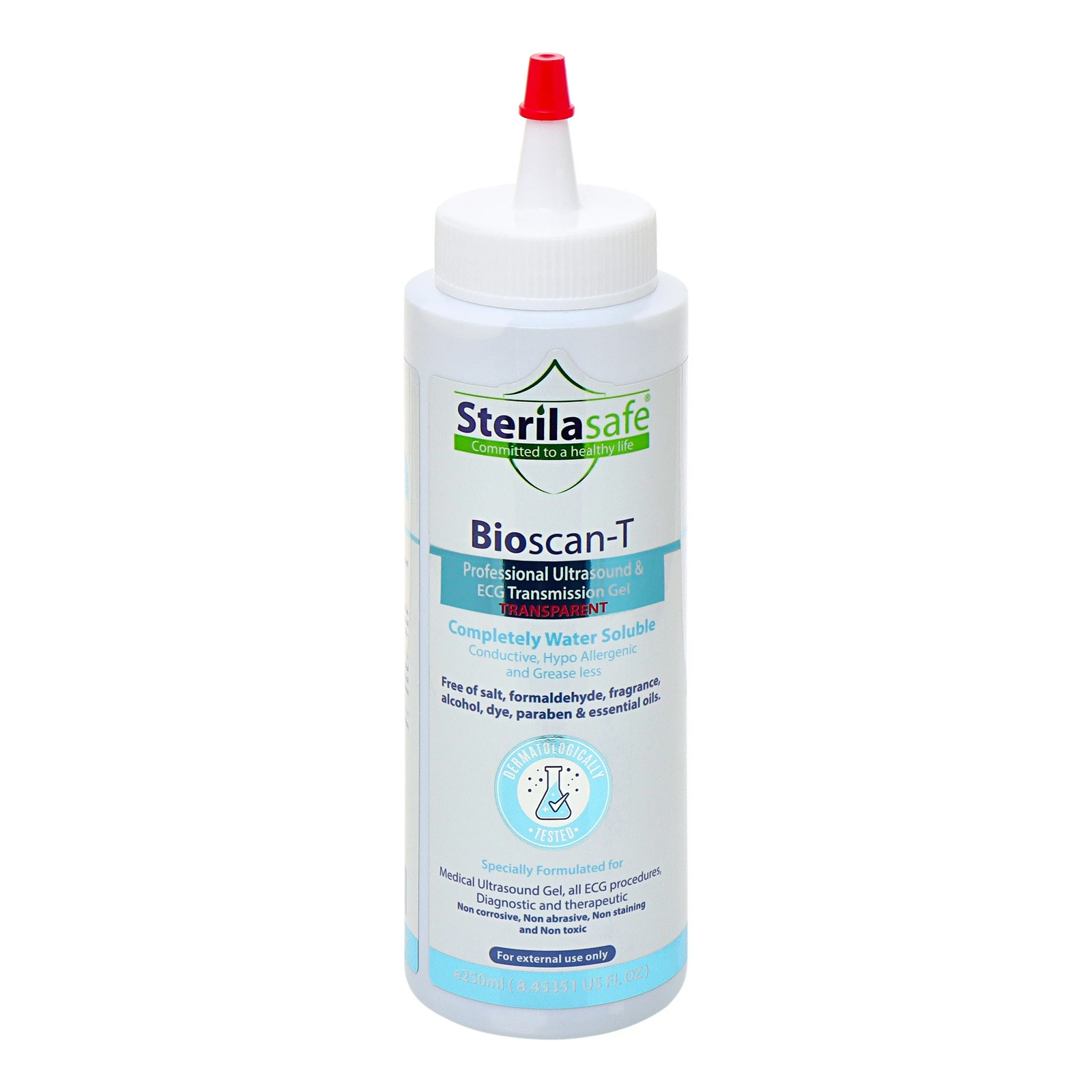Sterilasafe BioScan-T Professional ECG Medical Ultrasound Transmission Gel, Transparent Gel, For Beauty Application, Gel For Therapeutic Medical, 250 ML