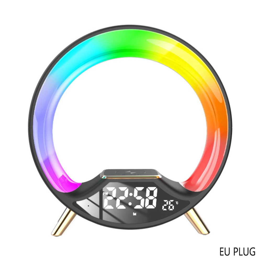 Bluetooth-Compatible Speaker With Color Circle Light Clock Stereo Surround Bass Music Box For Office Desk Home EU plug,Black EU plug,Black