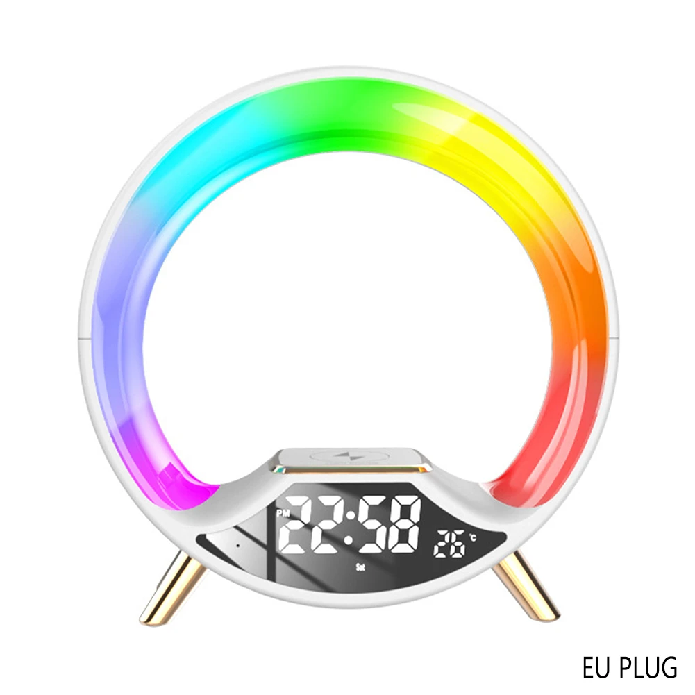 Bluetooth-Compatible Speaker With Color Circle Light Clock Stereo Surround Bass Music Box For Office Desk Home EU plug,White EU plug,White