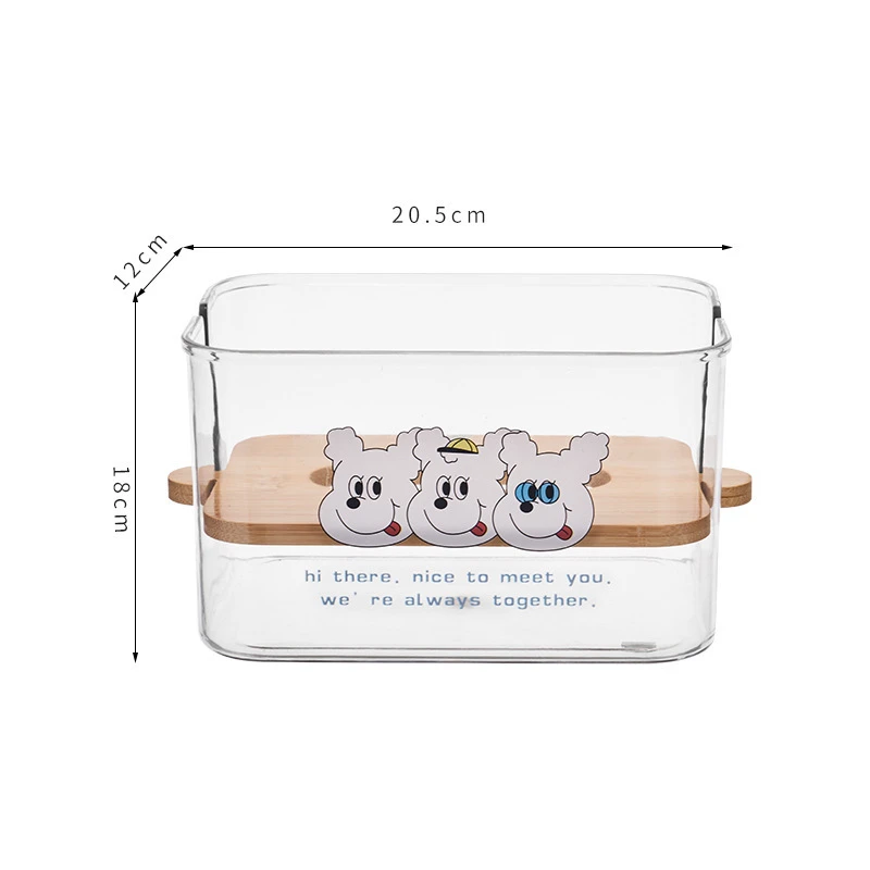 Facial Tissue Dispenser Box With Lifting Wood Lid Clear Square Napkin Organizer With Cartoon Print Home Office Supply Cartoon Three Puppies
