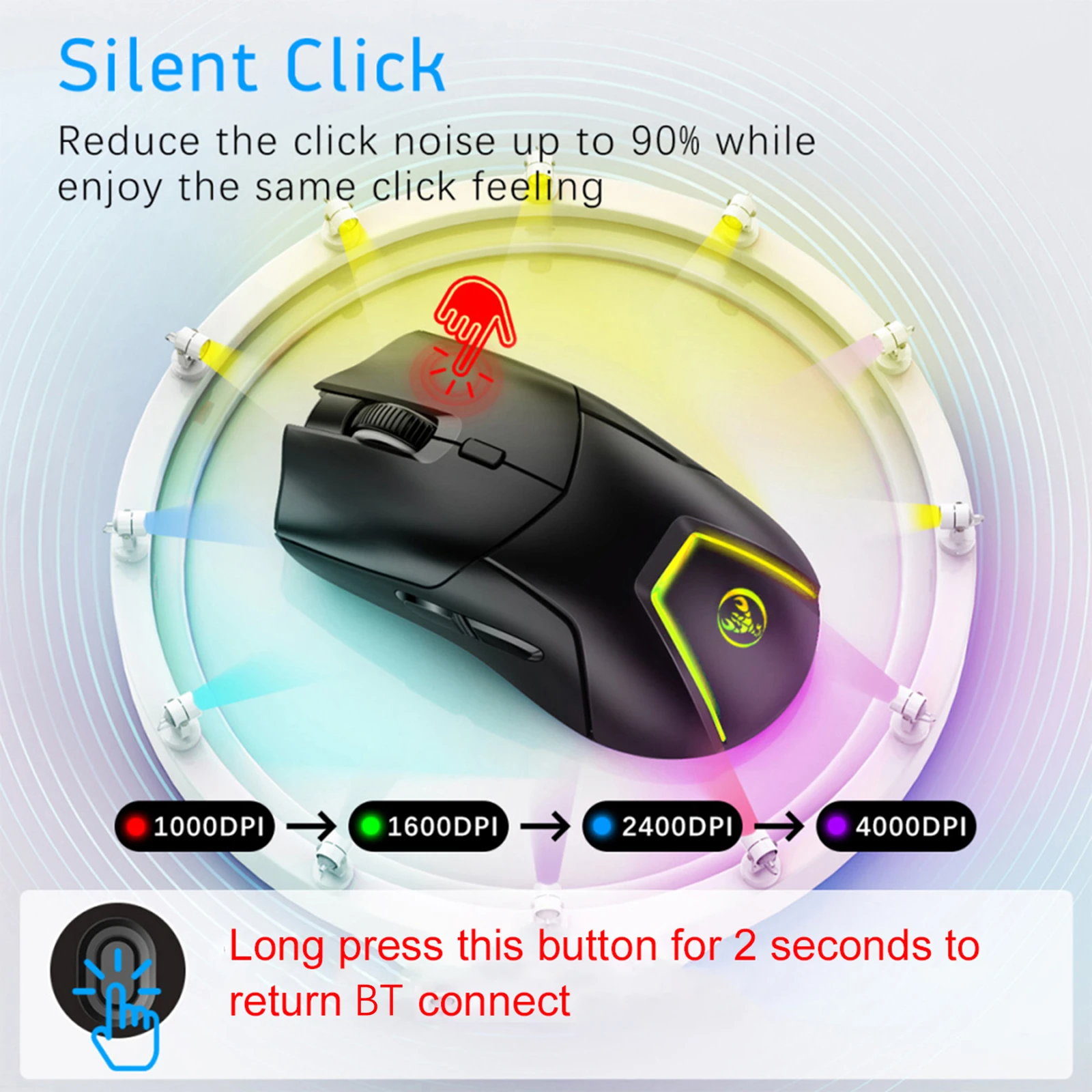 Wireless Gaming Mouse - 2.4G & Bluetooth Triple Mode, 4000DPI, RGB Lights, Rechargeable, HXSJ T40