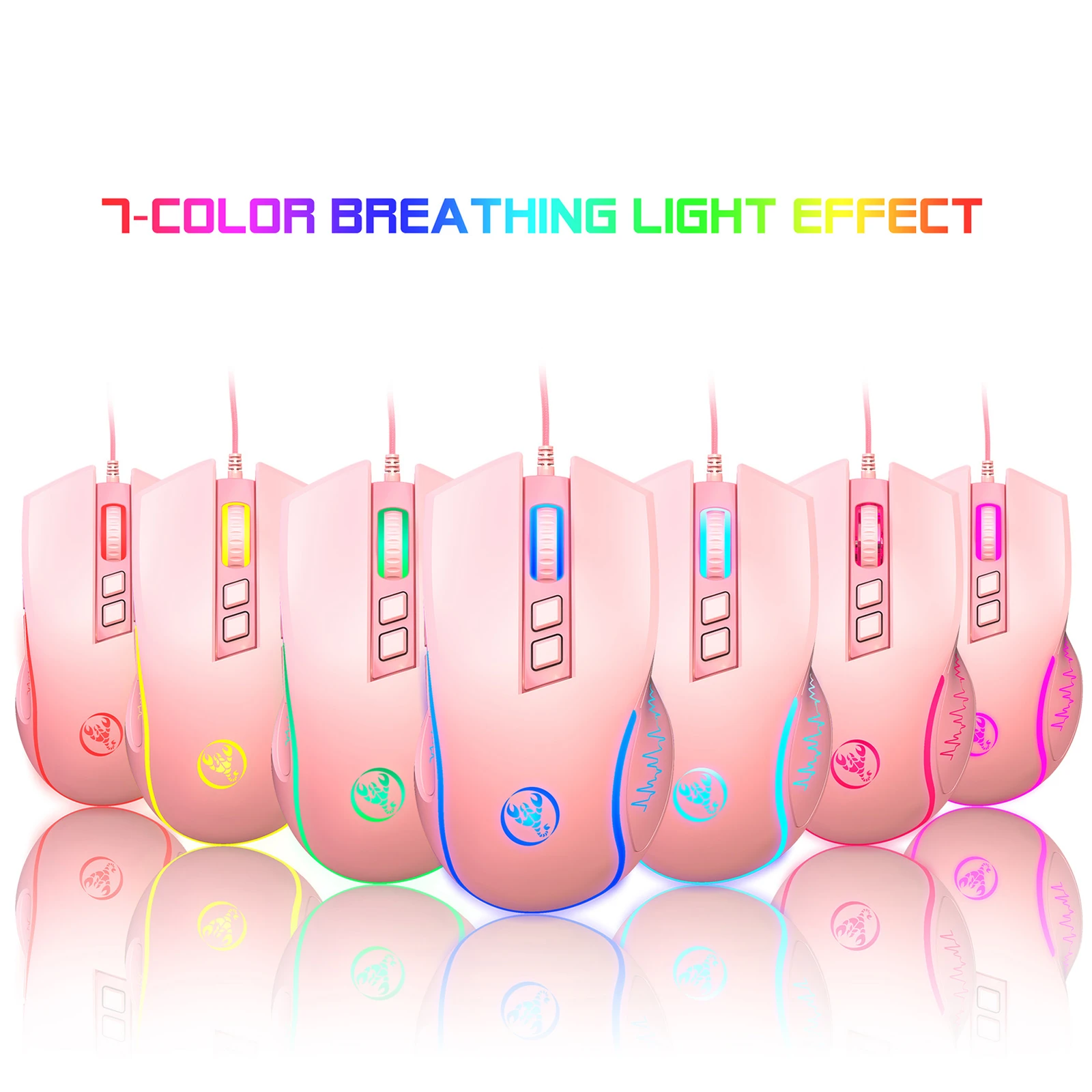 Wired Gaming Mouse - Ergonomic Design, 7-Color RGB, Adjustable DPI, Pink