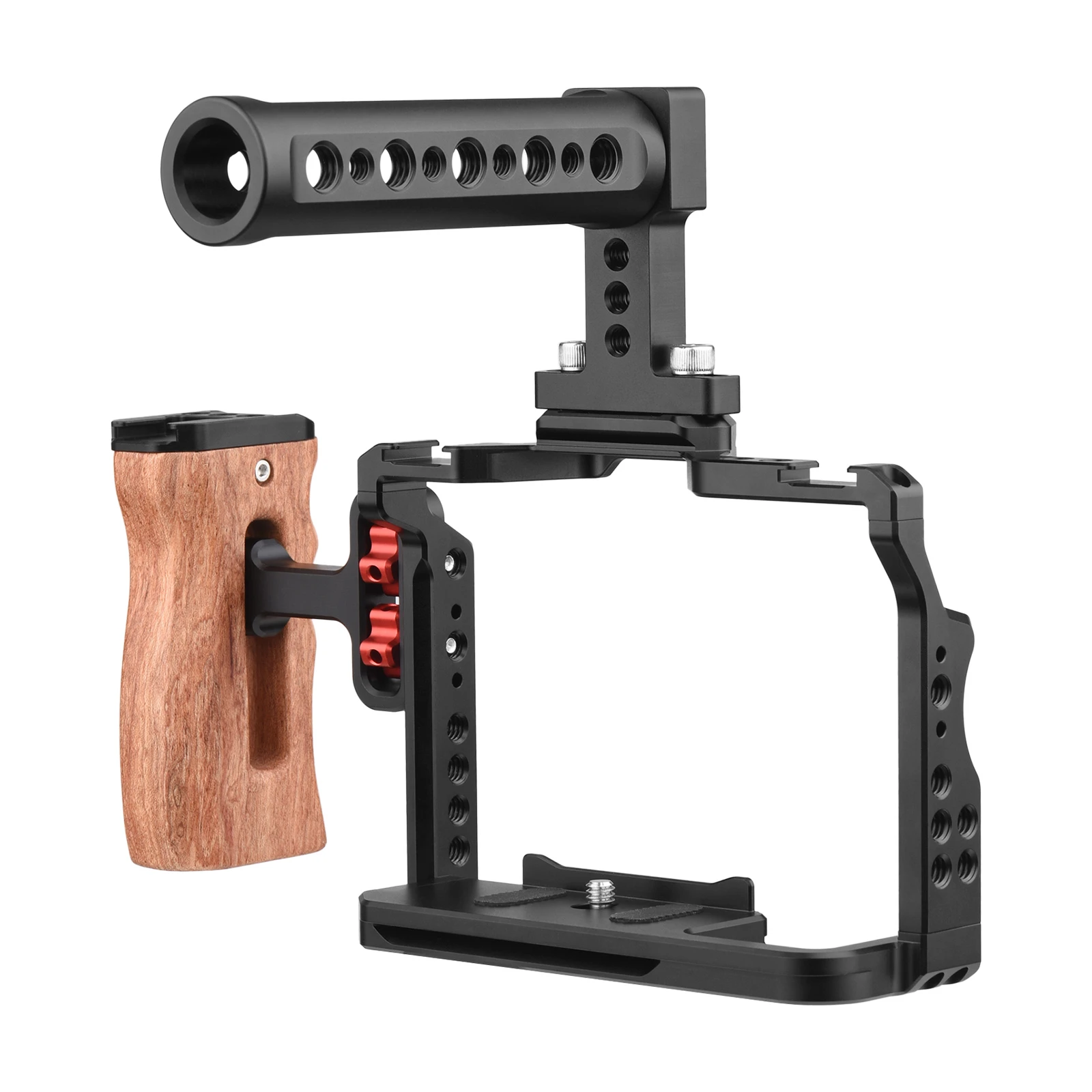 Andoer Camera Video Cage + Top Handle + Side Wooden Grip Kit Aluminum Alloy with Dual Cold Shoe Mounts Numerous 1/4 Inch Threads Replacement for Sony A7IV/ A7III/ A7II/ A7R III/ A7R II/ A7S II