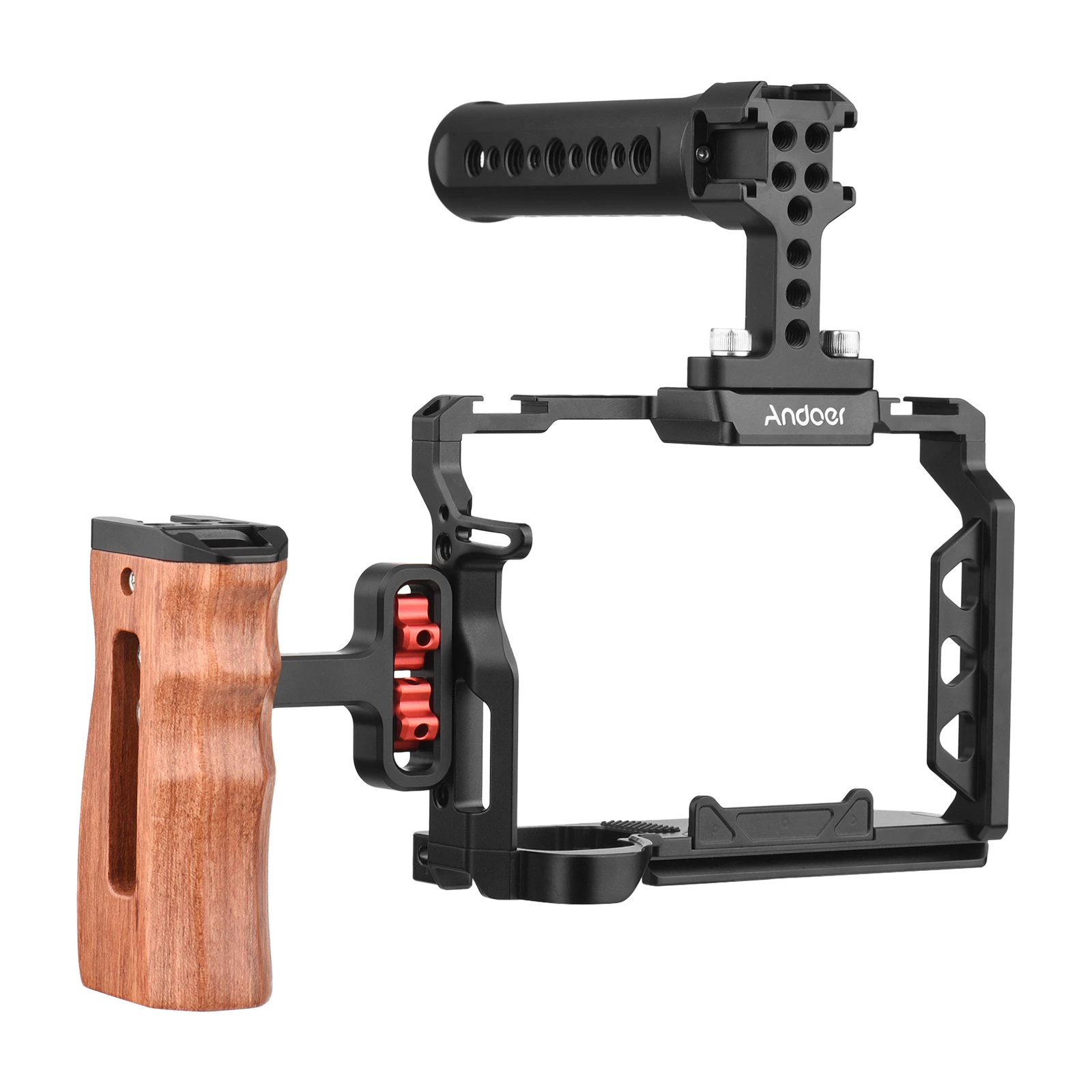 Camera Cage,Andoer Aluminum Alloy Camera Cage Kit with Top Handle Grip Wooden Side Handle Grip Replacement for Sony A7 IV