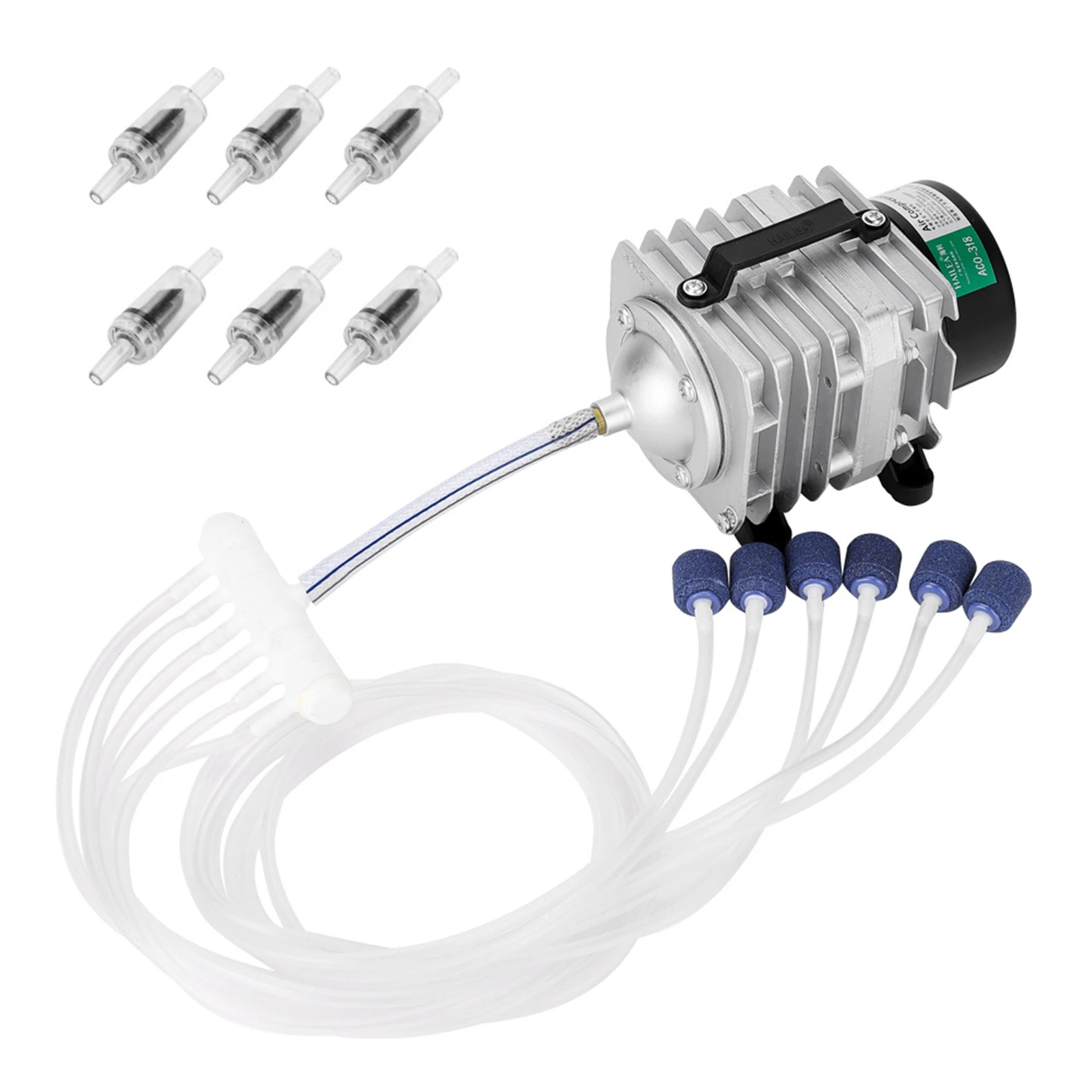 Air Production Machine,ACO318 HAILEA Commercial Air Pump 45W Single Outlet 6 Valve Manifold for Aquarium Fish Tank Fountain Pond Hydroponics (10m pipe+6 check valve+ 6 2*2cm air stones)