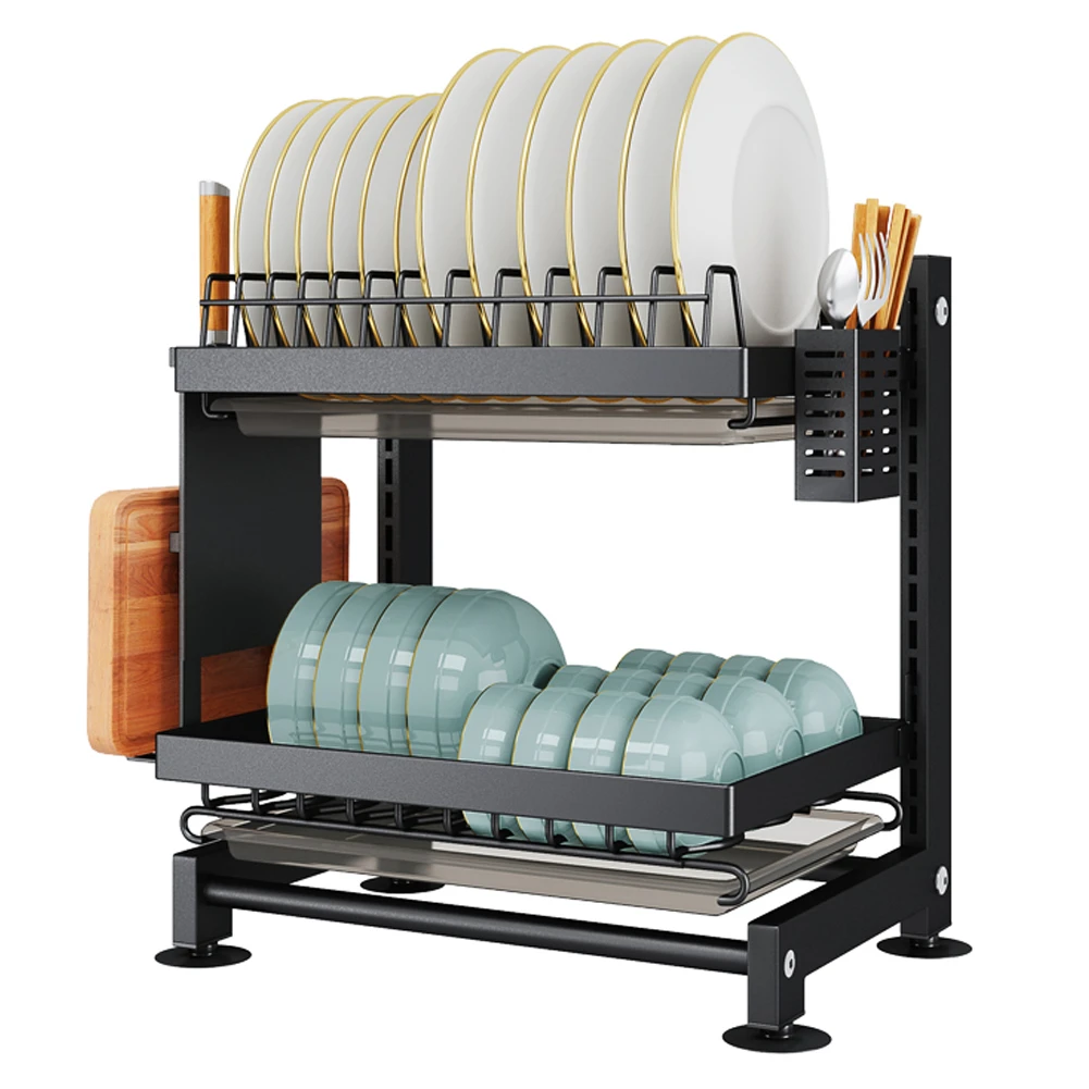 Storage rack,Height Adjustable Dish Drainer 2 Tier Large Dish Drying Rack with 2 Drainboards for Kitchen Counter Sink Organizer with Utensil Holder and 2in1 Cutting Board Holder