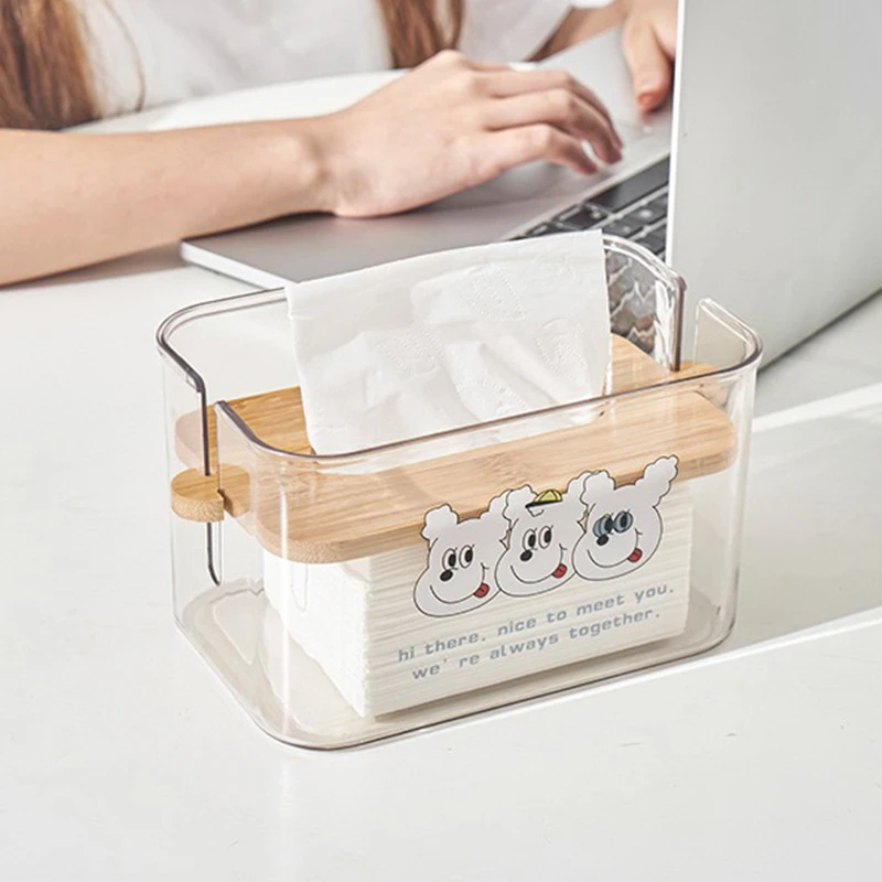 Facial Tissue Dispenser Box With Lifting Wood Lid Clear Square Napkin Organizer With Cartoon Print Home Office Supply Cartoon Three Puppies