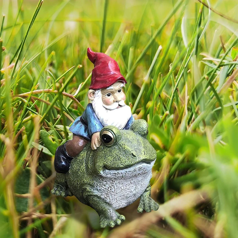 Gnome Sitting On Frog Statue Resin Garden Figurines For Outdoor Decoration Yard Super Cute Sculpture