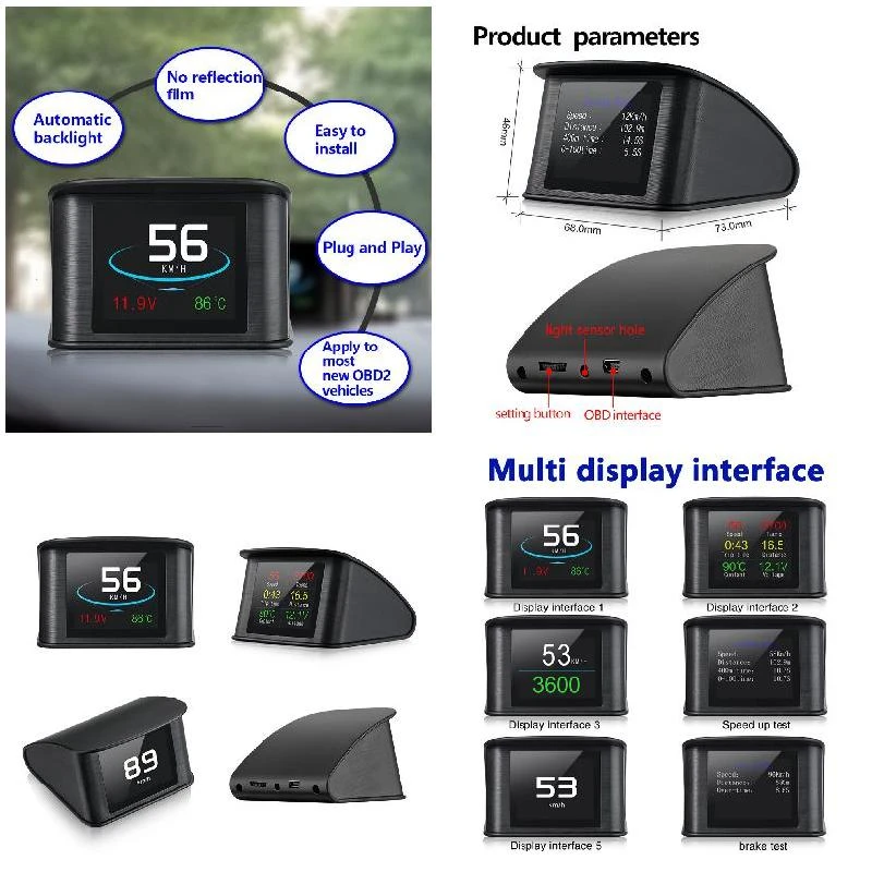 P10 Car HUD Head Up Display Smart Digital Speedometer LCD Display OBD 2 Scanner Diagnostic Tool