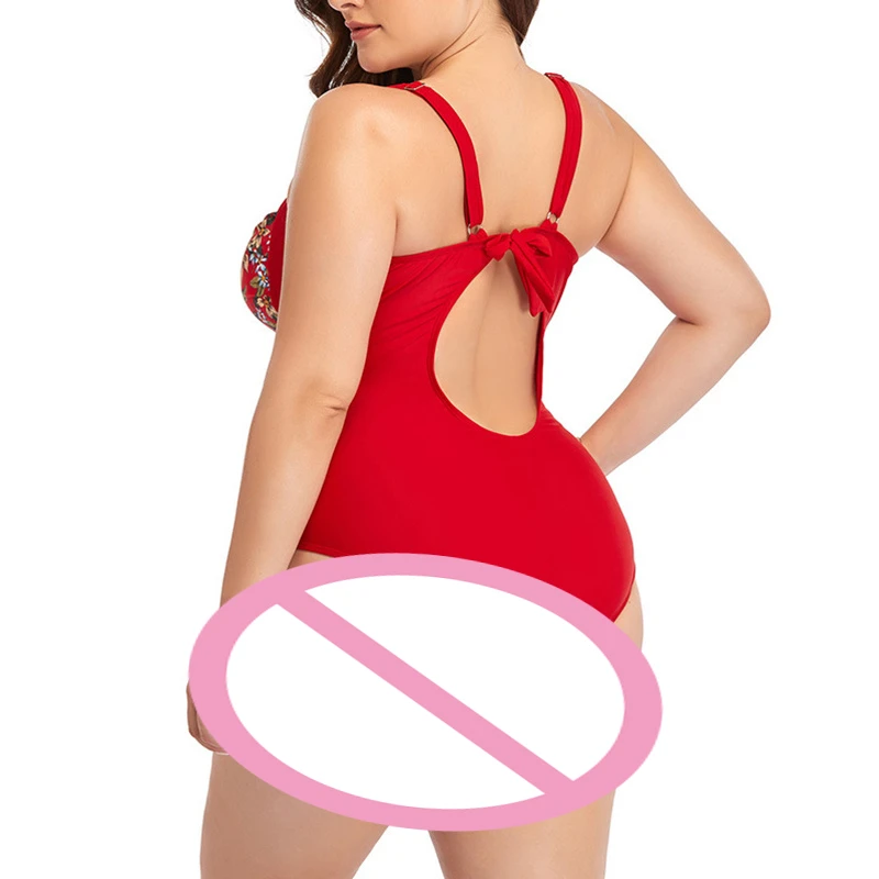 Women Red Plus Size One Piece Swimsuits With Vintage Print V Neck Sling Bathing Suit For Summer Beach Red,M
