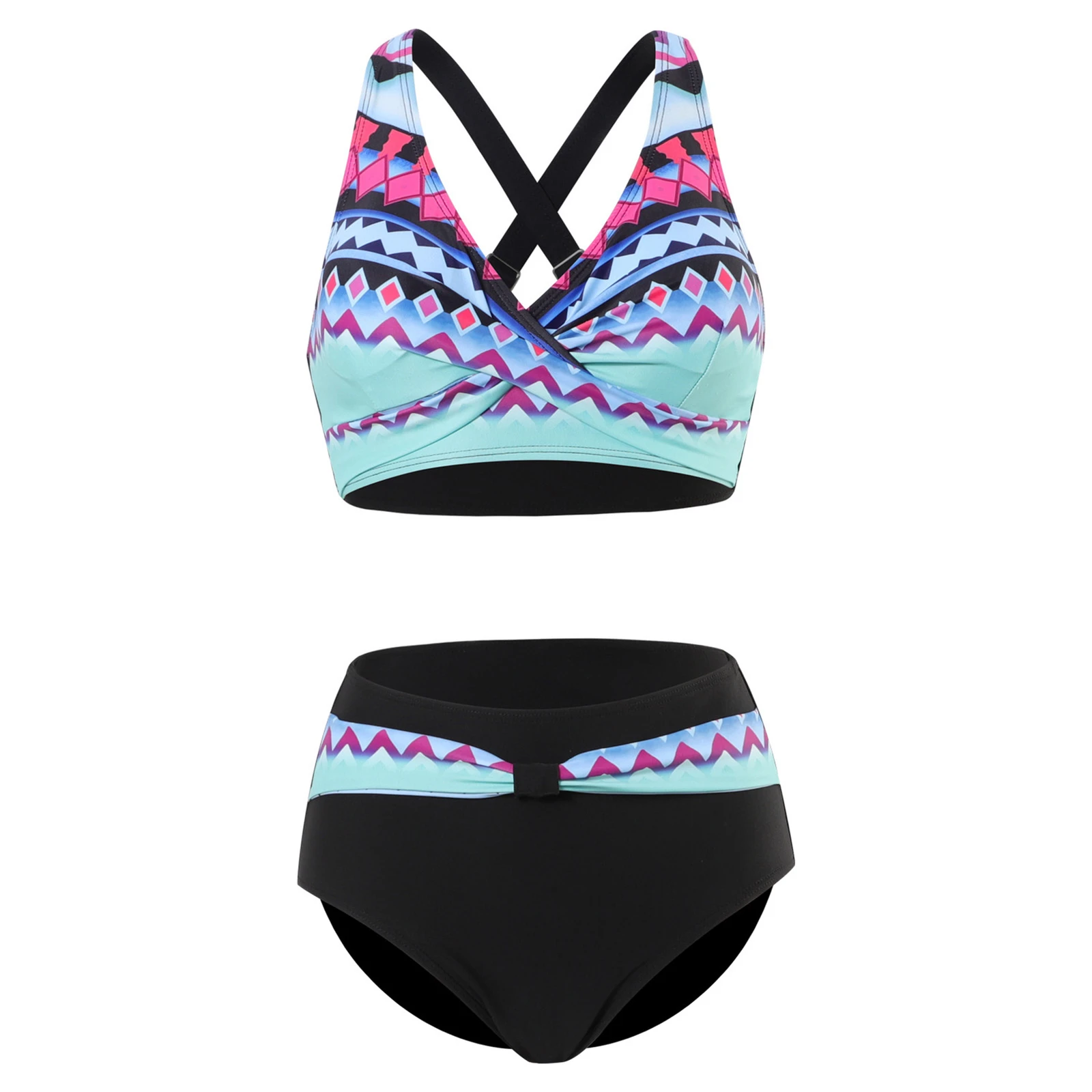 2-piece Women's Summer Swimsuit High Elastic Backless Bikini Set For Pool Beach Blue Ethnic Group,S