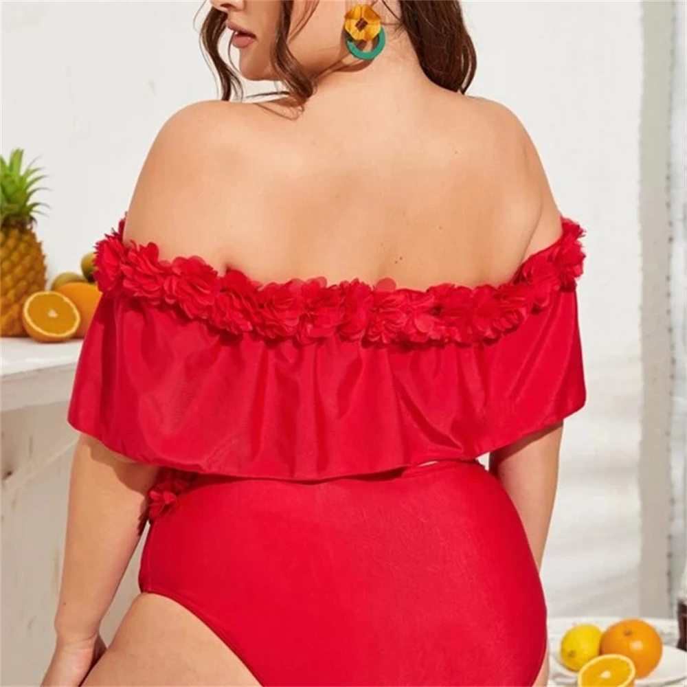 Two-Piece Off-Shoulder Swimsuit Plus Size High Waist Bathing Suit For Women Red,L