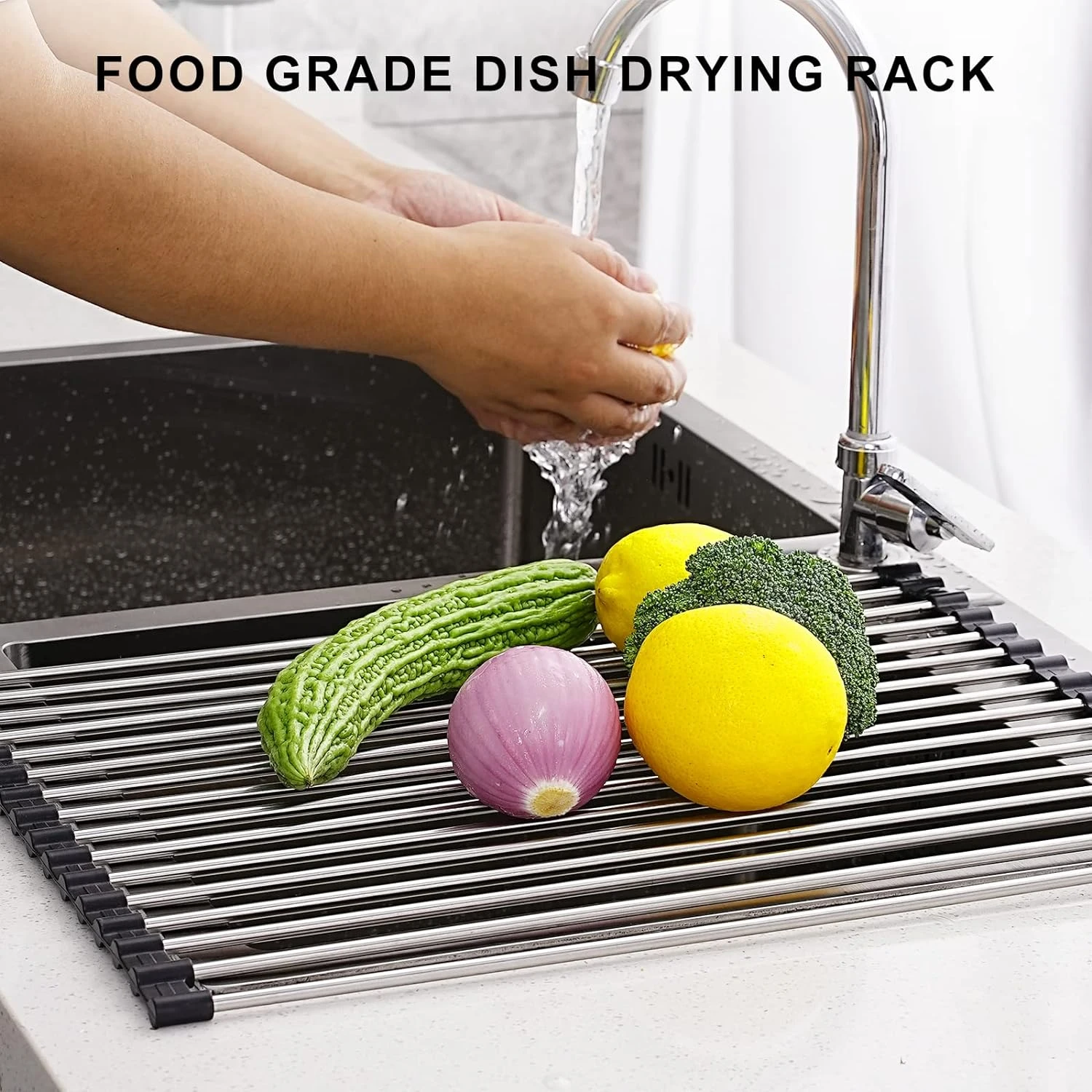 ZCtron Roll Up Dish Drying Rack, Sink Drying Rack Over Sink Dish Drying Rack 304 Stainless Steel Foldable Drain Rack for Kitchen Sink Counter Utensils Vegetables and Fruits (17.5''X13.4'')，Black