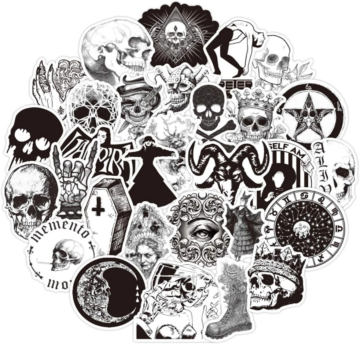 ZCtron 100PCS Gothic Stickers for Water Bottle,Black White Skull Stickers,Waterproof Vinyl Stickers Perfect for Hydro Flask Laptop Phone Car Skateboard Gothic American