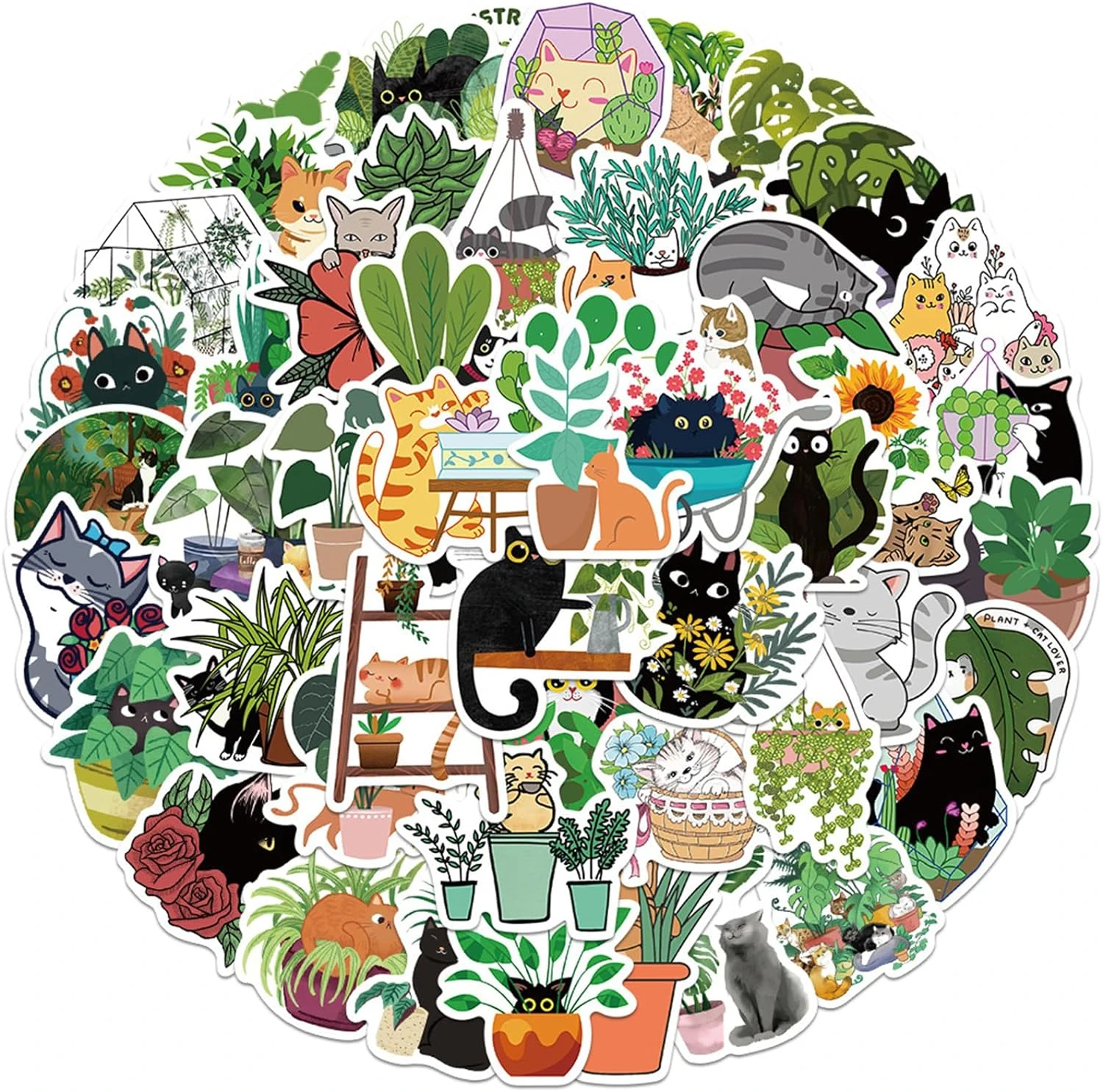 ZCtron 50 PCS Cat and Plant Stickers for Water Bottles,Cute Vinyl Waterproof Laptop Skateboard Stickers Aesthetic Computer Hydroflask Phone Stickers