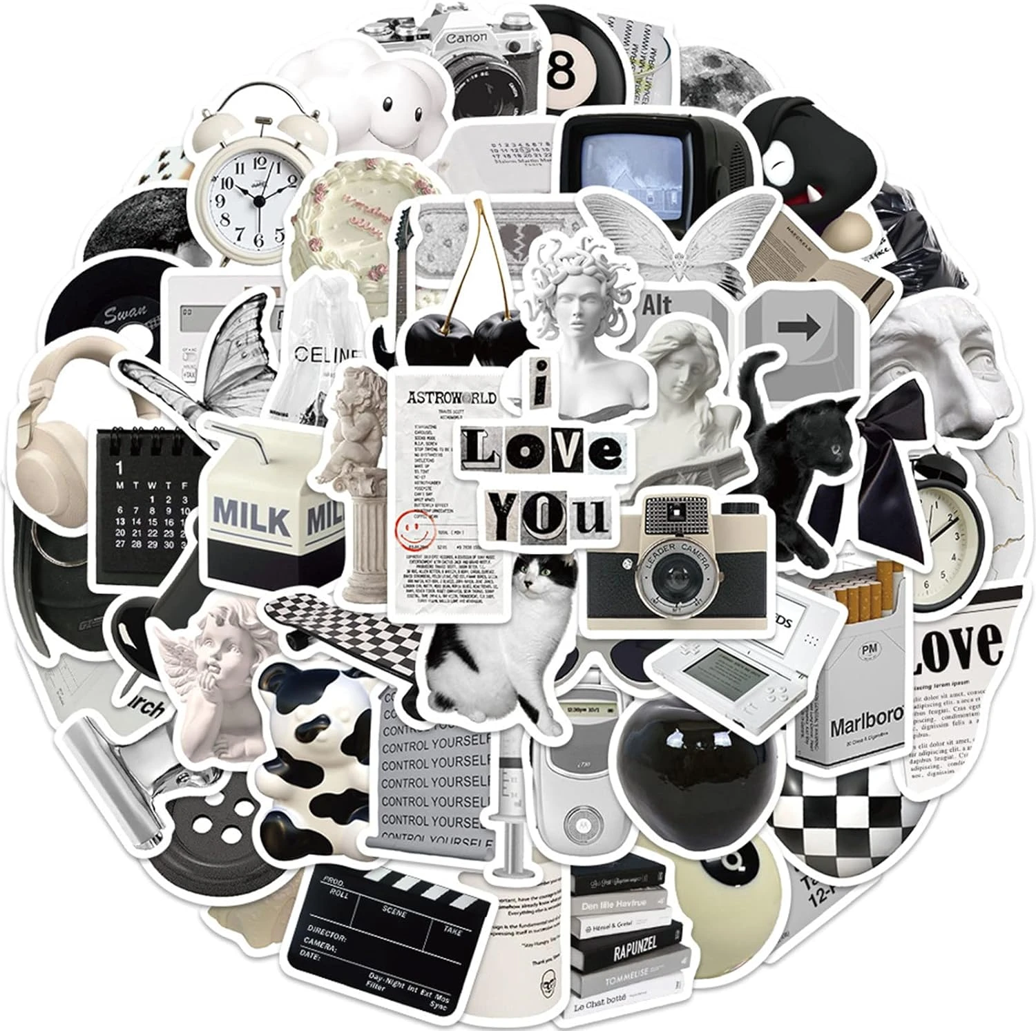 ZCtron Aesthetic VSCO Stickers for Water Bottles,Black and White Simple Vinyl Sticker for Laptop,61Pcs DIY Decorate Skateboard Computer Phone