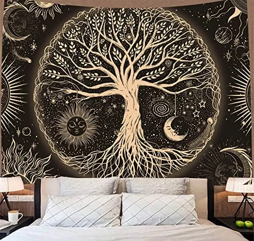ZCtron Tree of Life Tapestry Black Wall Hanging Galaxy Space Sun and Moon Aesthetic Wall Tapestry Home Decor for Living Room Bedroom(53''x61''/135cmx155cm,black and gold)