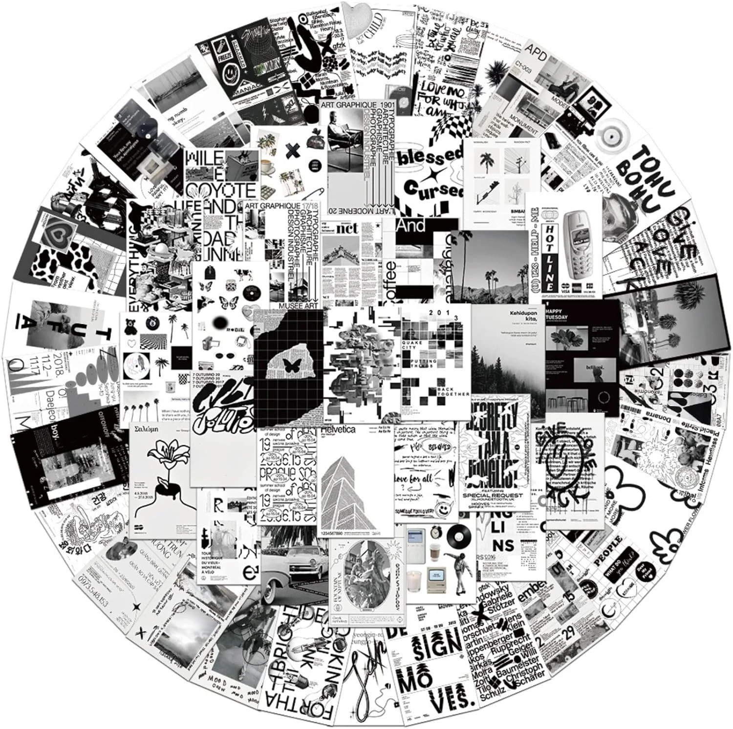ZCtron Vintage Black and White Scrapbook Stickers, 60 Black & White Vinyl Journal Decals for Laptop Skateboard Water Bottles, Aesthetic Retro Stickers for Kids Teens Girls