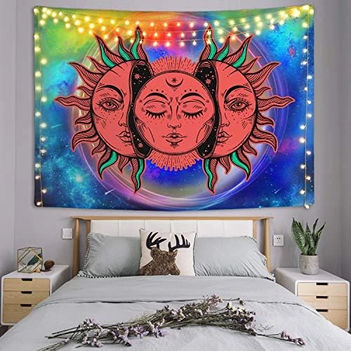 ZCtron Sun and Moon Tapestry Psychedelic Burning Sun Tapestries,Celestial Mystic Trippy Tapestry Colorful Hippie Tapestry Wall Hanging for Living Room Bedroom (59.1 × 59.1 inches)