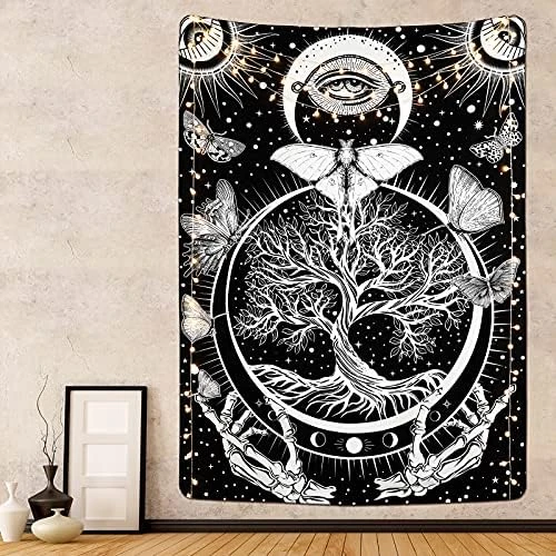 ZCtron Butterfly Tapestry Tree of Life Tapestry Tapestry Sun and Moon Tapestry Celestial Star Tapestry Black and White Skeleton Tapestry for Room (59.1 × 59.1 inches)