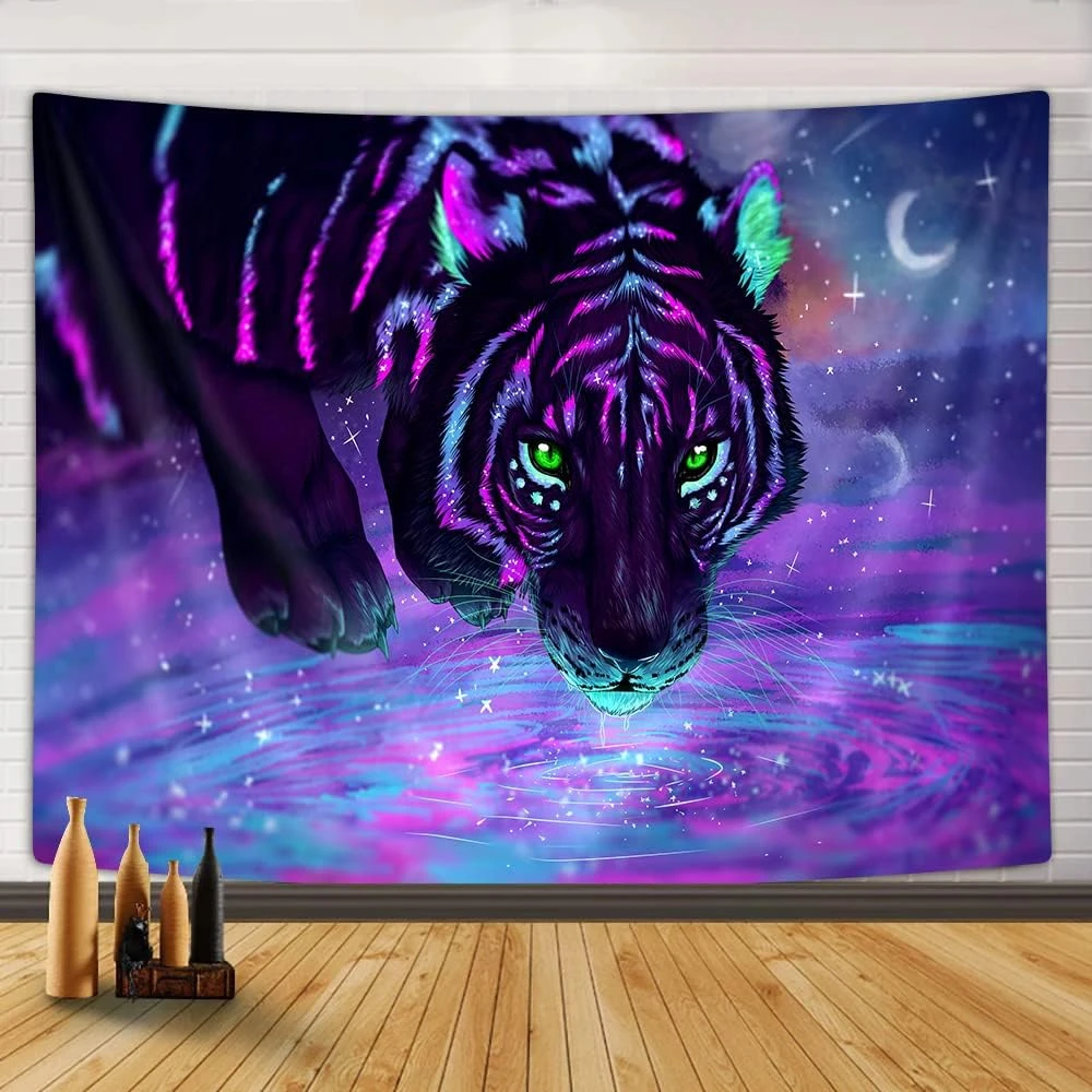 ZCtron Psychedelic Tiger Tapestry,Purple Galaxy Starry Fantasy Wild Animal Tapestry,Trippy Space Tiger Blacklight Art Poster Tapestry Wall Handing for Bedroom Living Room Dorm (60X40)