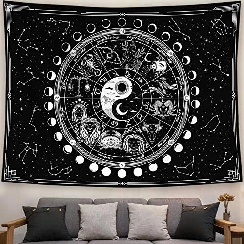 ZCtron Twelve Constellation Tapestry,Black and White,Sun and Moon,Yin and Yang Tapestry Mystic Wall Hanging Tapestry for Home Decor (50"x60")