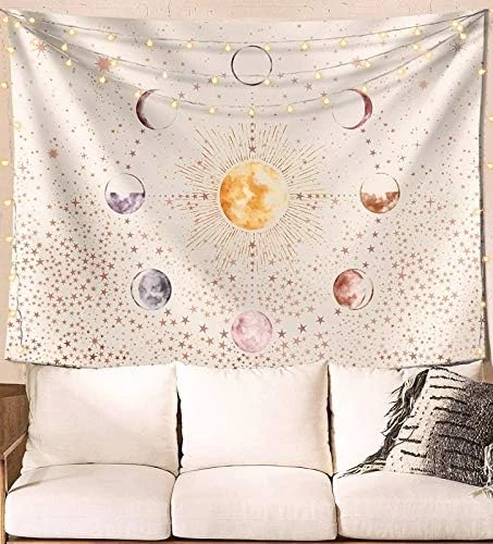 ZCtron Sun and Moon Phase Tapestry Wall Hanging,Beige White Tapestry with Stars and Planet Universe Tapestry 60×80 inches