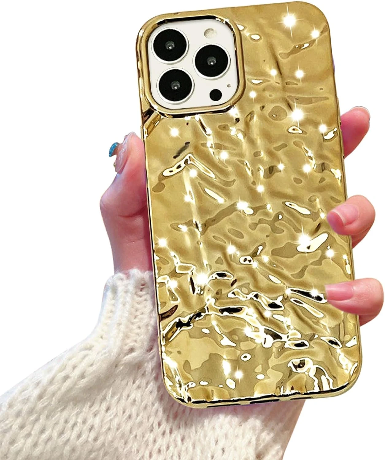 Guo iPhone 15 Pro Case, Cute 3D Tin Foil Pleated Luxury Phone Cover Women Girls Electroplated Shiny Designer Silicone Protective Case for iPhone 15 Pro