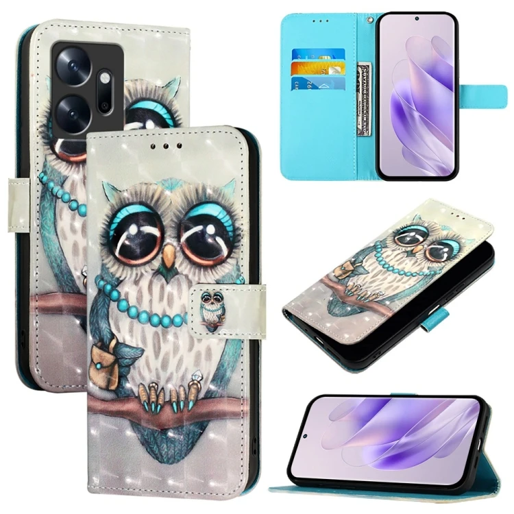 3D Leather Phone Case - Horizontal Flip, Grey Owl Design for Infinix Zero 20