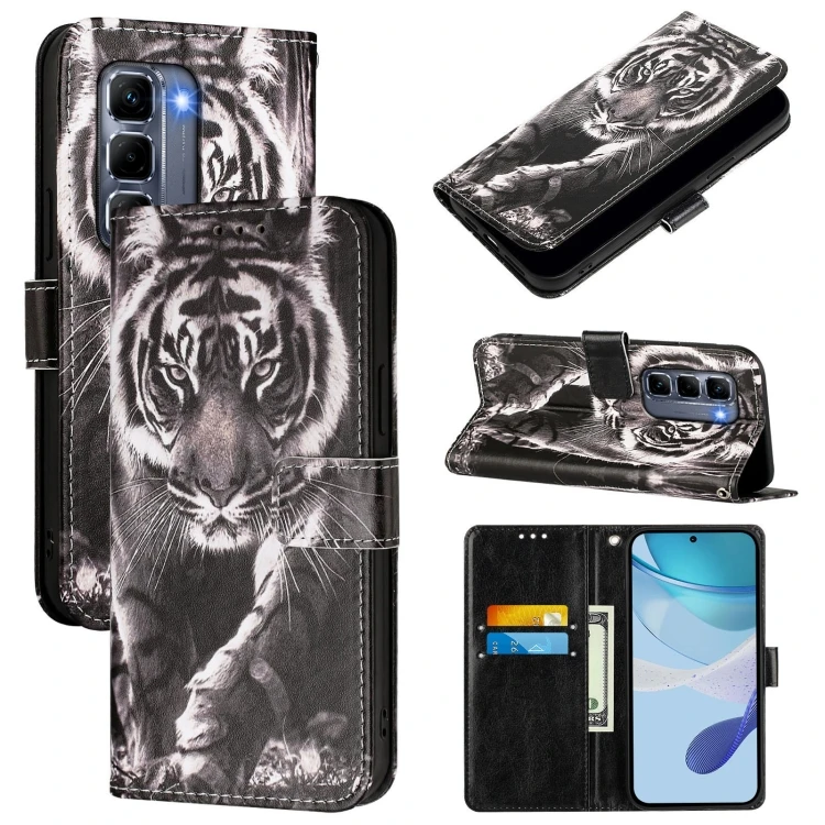 Leather Phone Case - Colored Drawing Pattern for Infinix Hot 50 Pro+ 4G Black And White Tiger