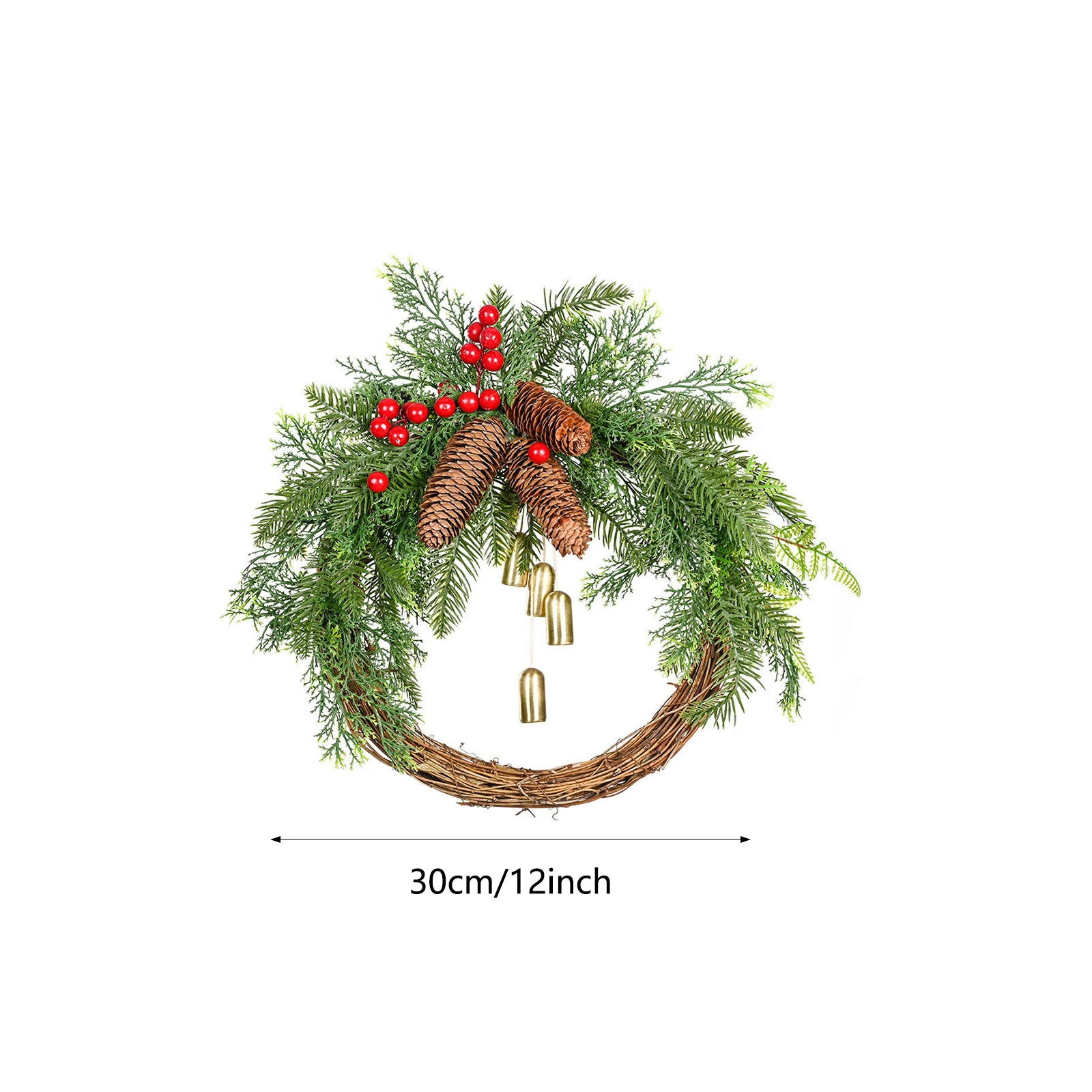 Christmas Wreath - 40cm Artificial Wreath with Cones, Bells & Berries