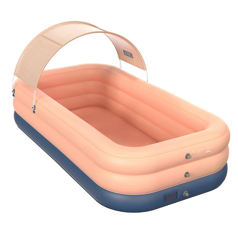 Tradeo Inflatable Swimming Pool with Sun Canopy, Family Size Outdoor Pool with UV Protection, Peach and Navy Blue