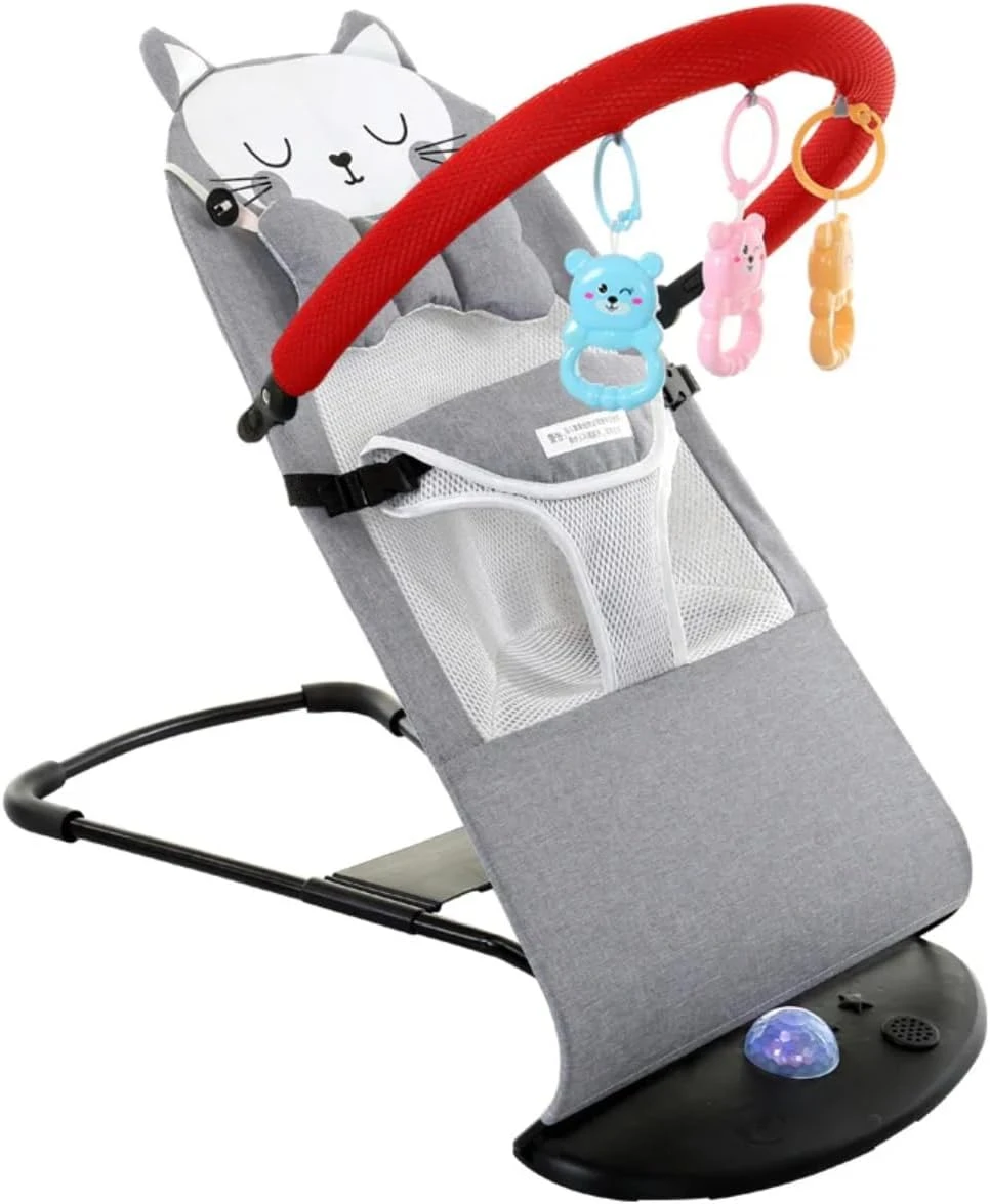 Tradeo Little Hopper Baby Bouncer Chair, Foldable Rocker with Music and Light, Washable Fabric – Balance Support Baby Carrier & Crib Cat Design with Toy Bar, 0+ Months (GREY)