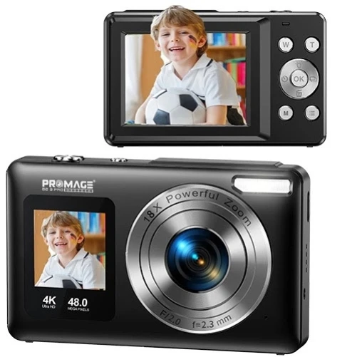 PROMAGE PC110 Digital Camera 4K Black, Dual Screen (2.4+ 1.3), 48MP (Interpolated), 18X Zoom, Selfie Mode, USB Rechargeable