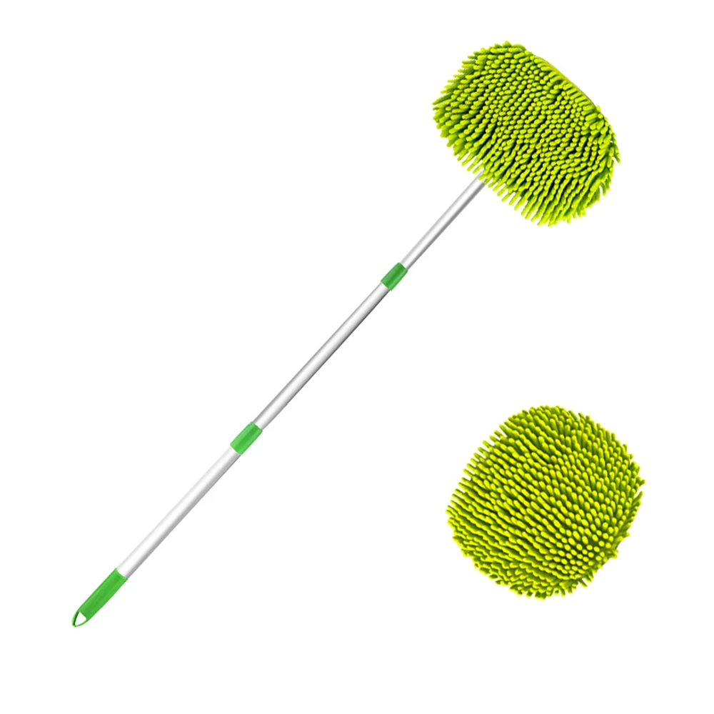 Car Wash Brush with Adjustable Long Handle 3 Levels 60cm 86cm 118cm Green Chenille and Aluminum Alloy Material 180° Rotating Mop Head with 1 Replacement Chenille Mop Head for Cars Trucks SUV Cleaning