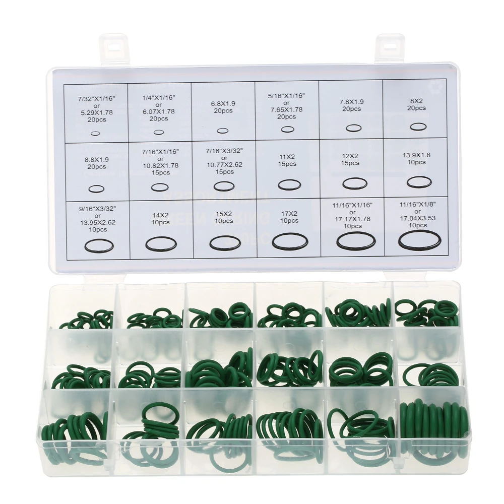270pcs Green Car HNBR A/C System Air Conditioning O Ring Seals Set Tool with 18 Sizes Including 20pcs 7/32" x 1/16", 20pcs 1/4" x 1/16", 20pcs 6.8x1.9, 20pcs 5/16" x 1/16", 20pcs 7.8x1.9, 20pcs 8x2,