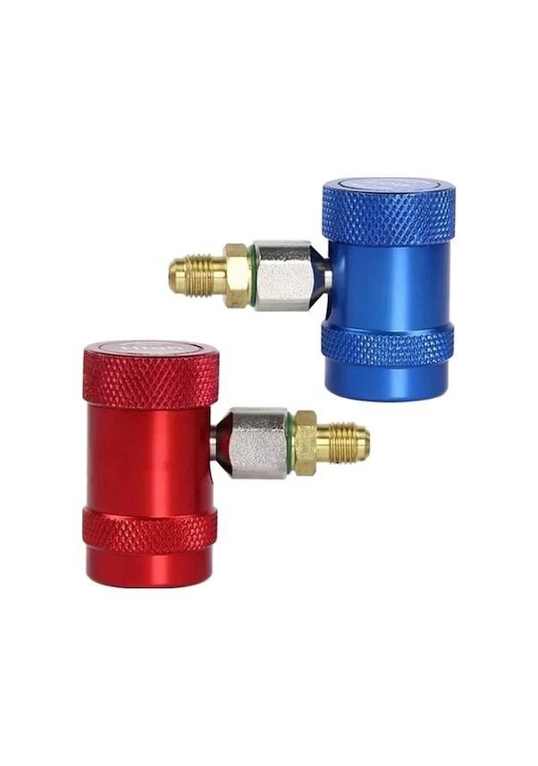 2x R1234YF Car Air Conditioning Adapter Quick Connectors, Red and Blue, High and Low Pressure, Brass and Metal Material, Height 68 mm, Diameter 30 mm, Quick Connect Design