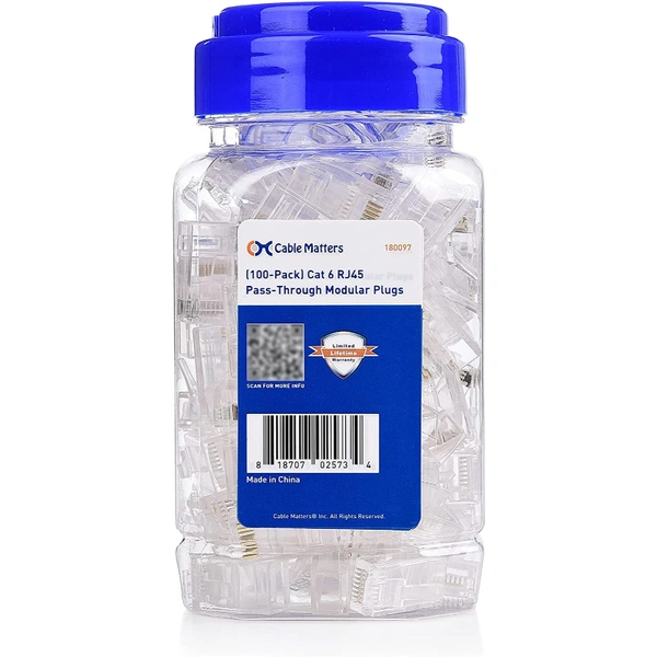 Cable Matters Cat 6 RJ45 Connectors - 100 Pack Pass Through Modular Plugs With Boots