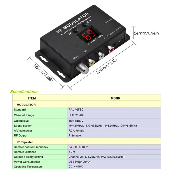 Modulator,M60IR RF Modulator with IR Repeater AV to RF Converter with IR Repeater Wholesale