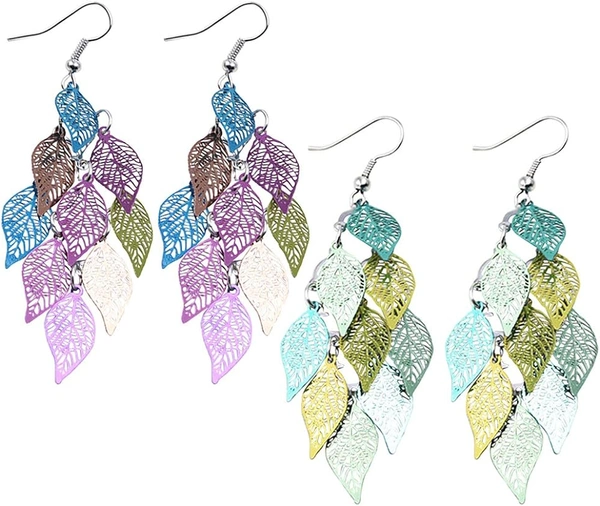Guo Boho Lightweight Chandelier Layer Earrings Long Hollow Filigree Dangle Oval Leaves Drop