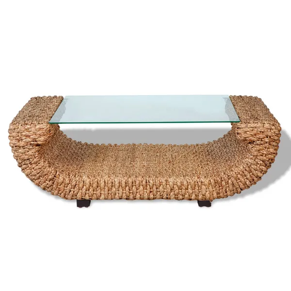 Hand Woven Coffee Table Water Hyacinth with Glass Top 100 x 50 x 35 cm